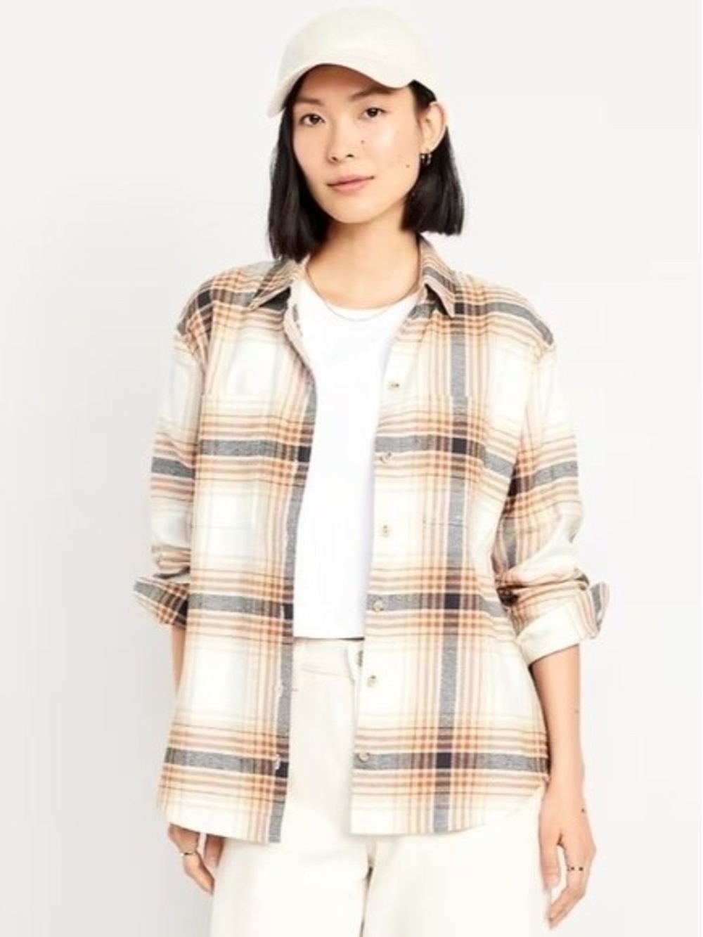 Old Navy Boyfriend Shirt Plaid Flannel Button-Up 2 Pocket Front Size M